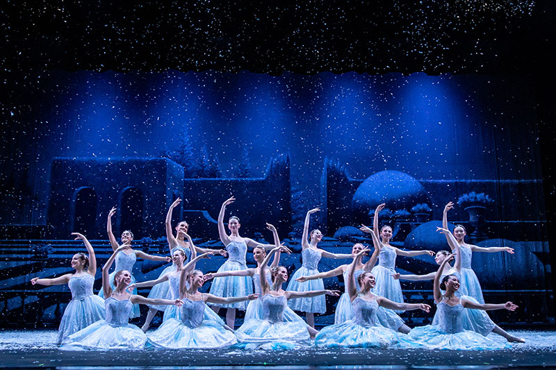 Dancers posed on stage at the end of the snow scene.
