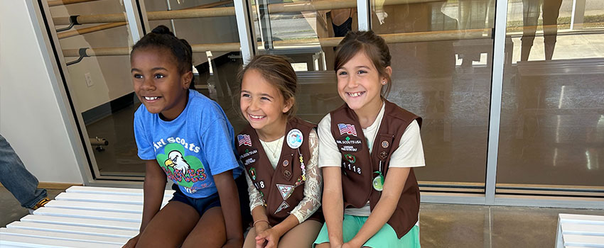 3 Brownies sitting on bench outside of ballet studio