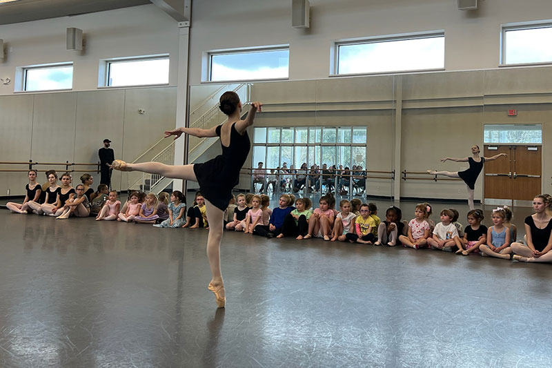 Advanced dancers at the barre in a line all in plie tendu position.